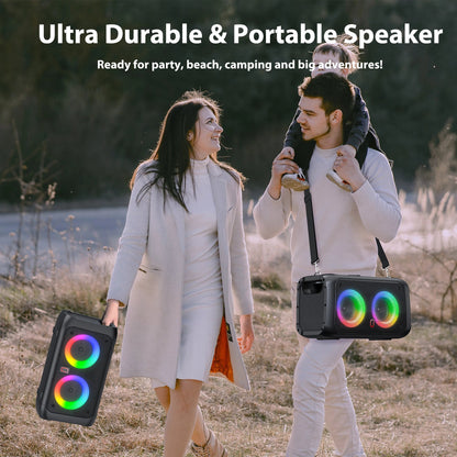 FanFun Portable Outdoor Party Dual Speakers, LED Ambient Lighting, Includes Two Wireless Microphones for Instrument Input
