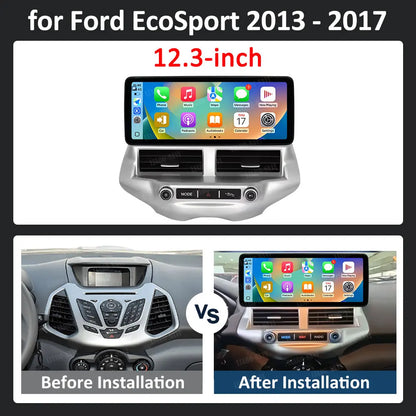 Carplay 12.3 inch Ultra-thin Screen for Ford EcoSport 2013 - 2017 Android 14 GPS Navigation Car Video Multimedia Player BT WiFi