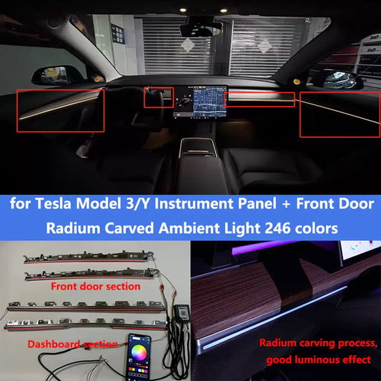 for Tesla Model 3/y 246-color LED center console instrument cluster ambient lights Interior laser carved style decorative lights