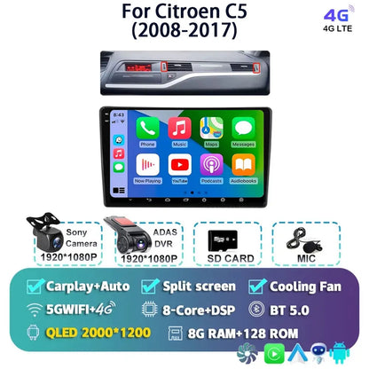 Android 14 Carplay Auto Car Radio Multimedia Player For Citroen C5 2008 2009 2010-2017 Autoradio Stereo DSP GPS 2din Head Unit
