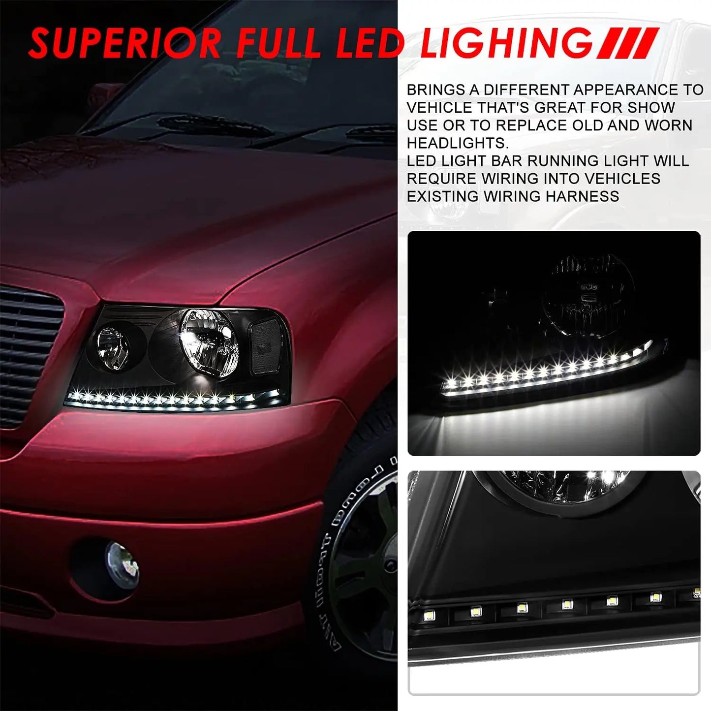 LED DRL Headlights Assembly Compatible with 2004-2008 Ford F-150 Lincoln Mark LT, Driver and Passenger Side Halogen Headlamps w/