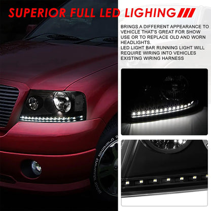 LED DRL Headlights Assembly Compatible with 2004-2008 Ford F-150 Lincoln Mark LT, Driver and Passenger Side Halogen Headlamps w/