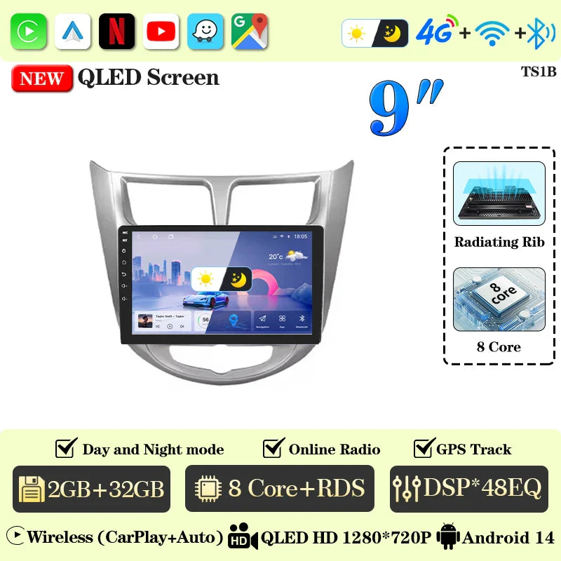 BOSSCAR 9" Car Radio For Hyundai Verna Accent Solaris 2010-2016 2Din Android Car Stereo DVD GPS Navigation Player QLED Carplay