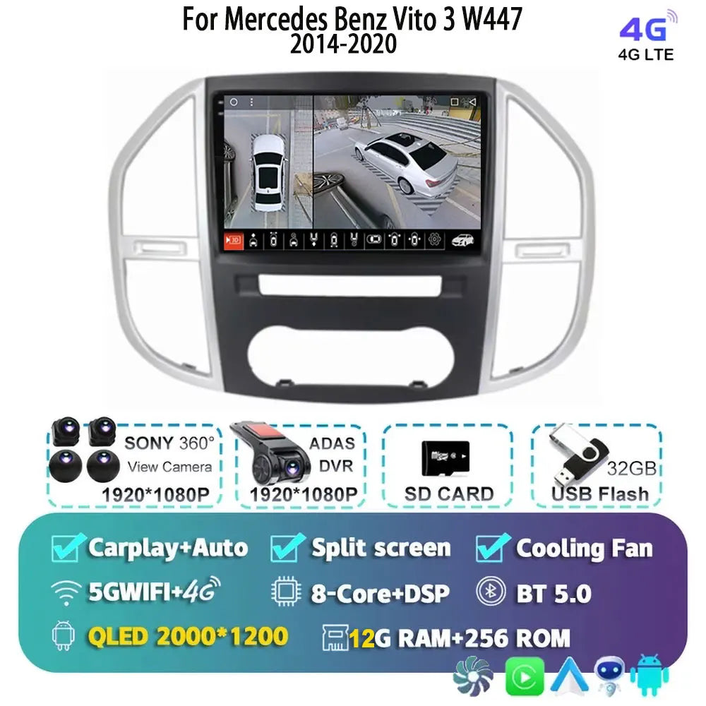 Android 14 For Mercedes Benz Vito 3 W447 2014-2020 2K QLED Android Car Radio Multimedia Video Player 4G Stereo CarPlay Head Unit