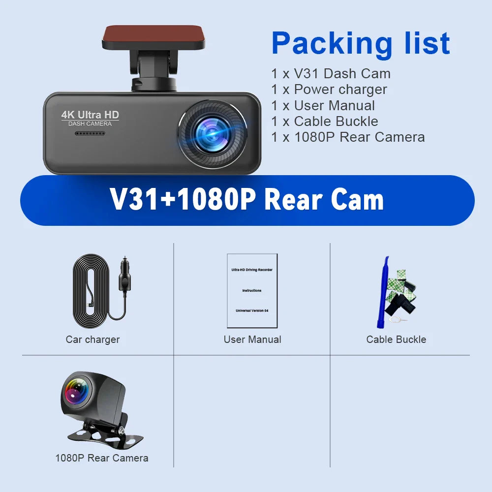 Soam 4K Ultra HD Dash Cam Car DVR Recorder Front and Rear Cam 170° wide Angle WIFI GPS Car Camera WDR Night Vision APP control