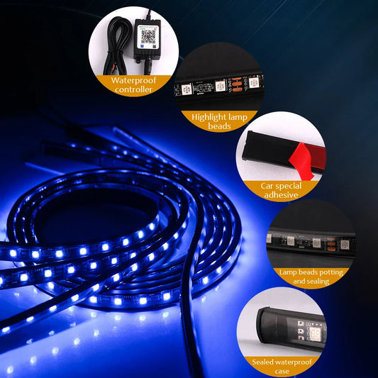 Neon LED RGB Car Underglow Bottom Light Remote/APP Control Flexible Waterproof LED Strip Car Underbody Light Decorative Lamp 12V