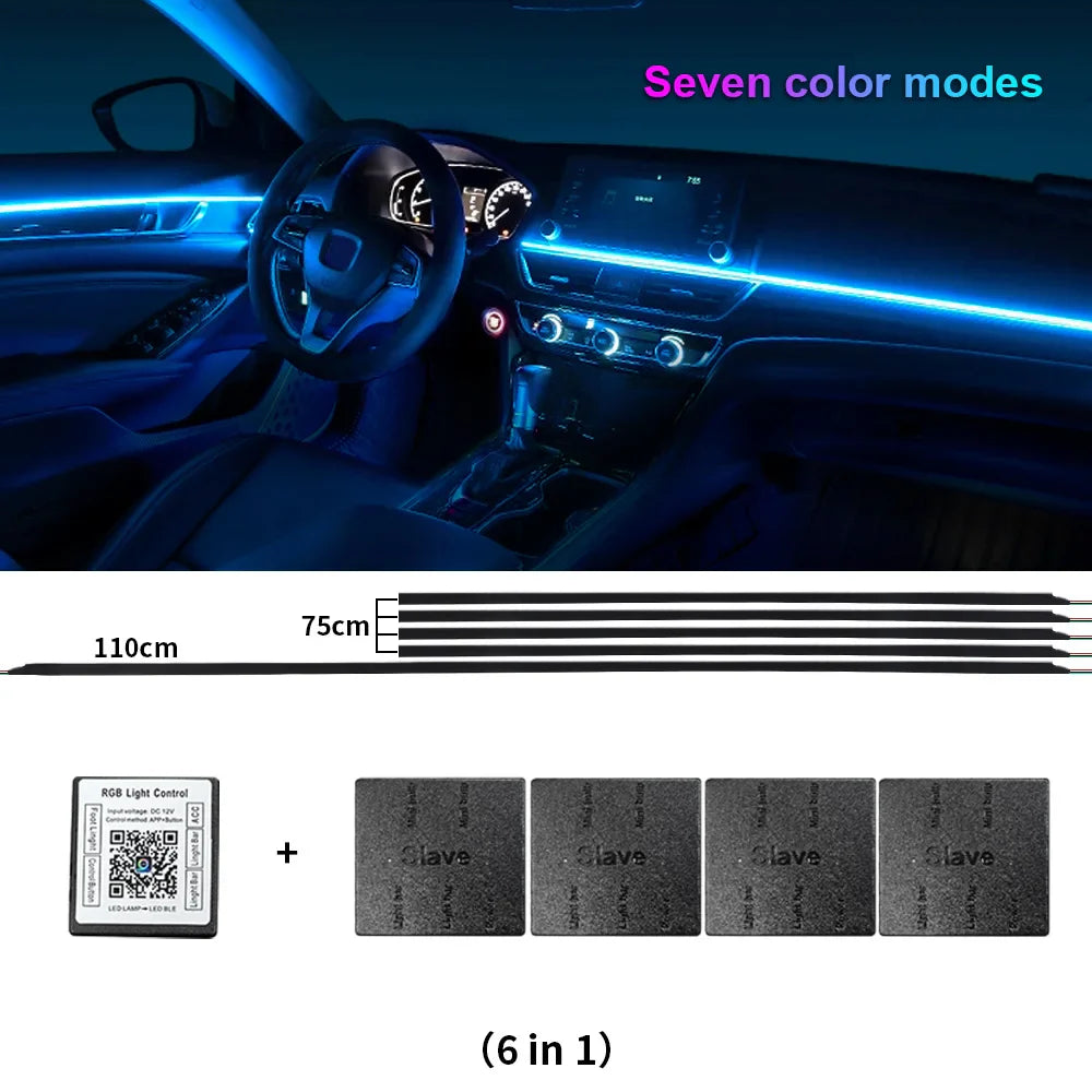 18 in 1 Dual Zone Symphony LED Car Ambient Light Rainbow Neon RGB Acrylic Strip Interior Decoration Streamer Atmosphere Lamp 12V