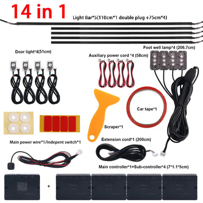 18/22 in 1 Car Hidden Ambient Light Backlight Dual Zone RGB Symphony Acrylic Strips Matt Black Interior Car Ambient Lamp APP 12V