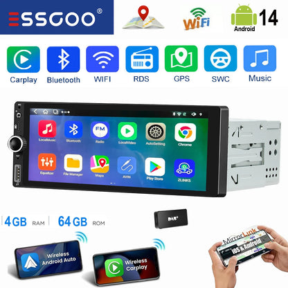 ESSGOO 6.86" Android 14 4+64G Universal Single DIN Car Stereo Radio CarPlay Android Auto BT USB SWC Wifi FM GPS Navi Mirror link