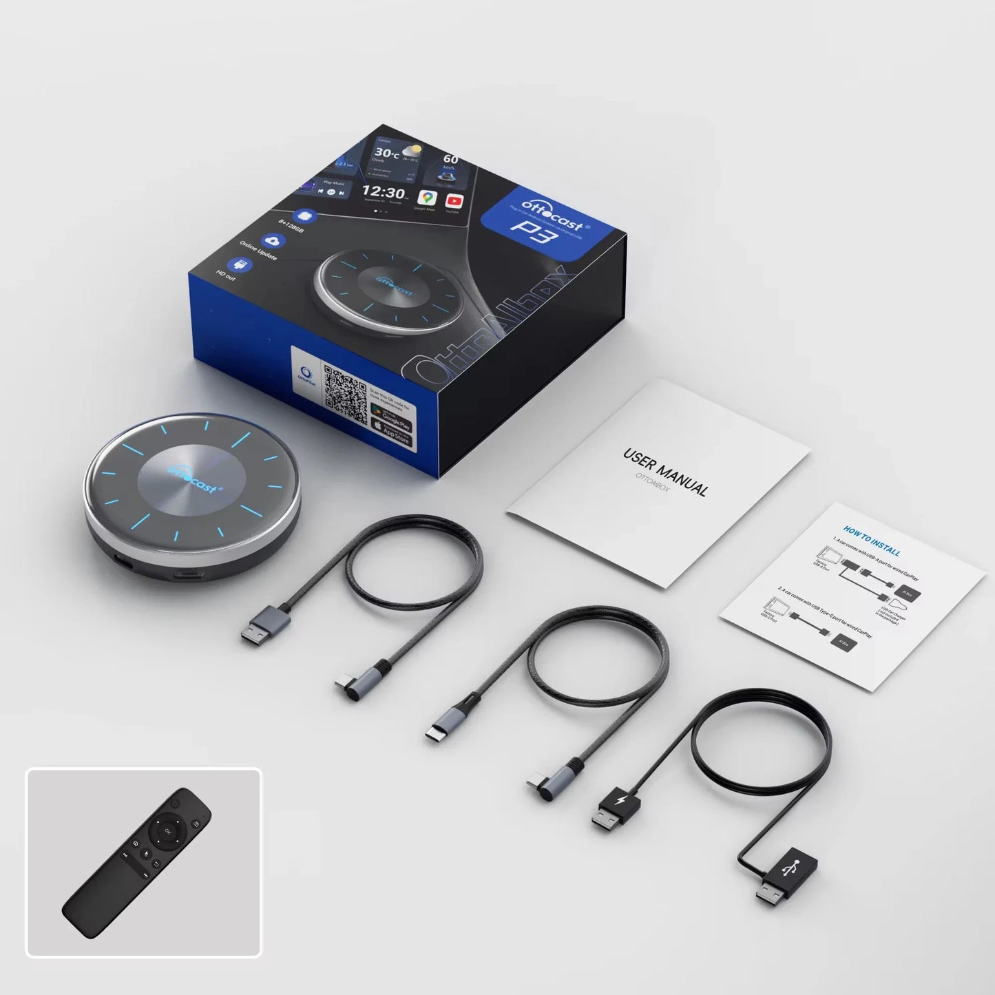 OTTOCAST P3 Android 12 AI Box Wireless Android Auto Smart TV Box Car Accessories for Toyota Honda Cars with OEM Wired CarPlay