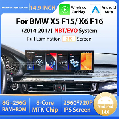NAVIGUIDE 14.9'' Wireless CarPlay Auto For BMW X5 F15 X6 F16 2014-2017 NBT EVO System Car GPS Navi Multimedia Player Android 14