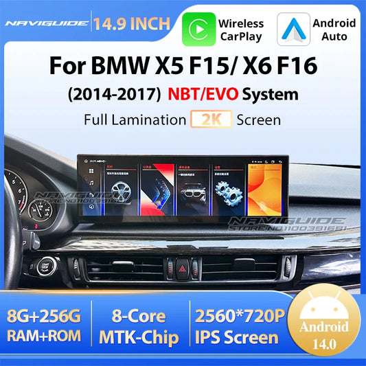 NAVIGUIDE 14.9'' Wireless CarPlay Auto For BMW X5 F15 X6 F16 2014-2017 NBT EVO System Car GPS Navi Multimedia Player Android 14