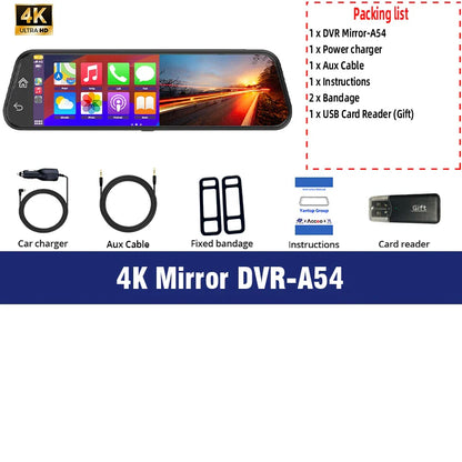 E-ACE 10” 4K Car Dvr Mirror Wireless Carplay & Android Auto Dashcam Video Recorder 1080P Rear View Camera GPS WIFI