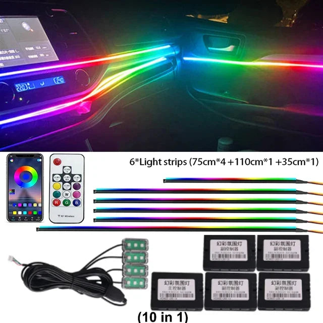 22 in 1 Universal Ambient Light Car Interior Acrylic Strip Kit 213 64 Color RGB Symphony Rainbow Dashboard Atmosphere Light APP