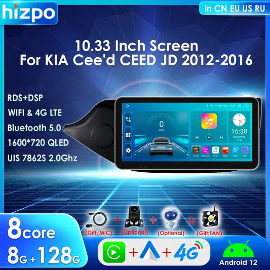 Hizpo 10.33" Car Radio Multimedia Player for Kia Ceed Cee'd 2 JD 2012-2016 Android 13 Wireless Carplay Navi GPS Stereo Head Unit
