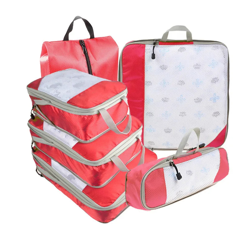 6PCS Travel Compressed Packing Cubes Storage Organizer Set With Shoe Bag Mesh Visual Luggage Portable Lightweight Suitcase Bag