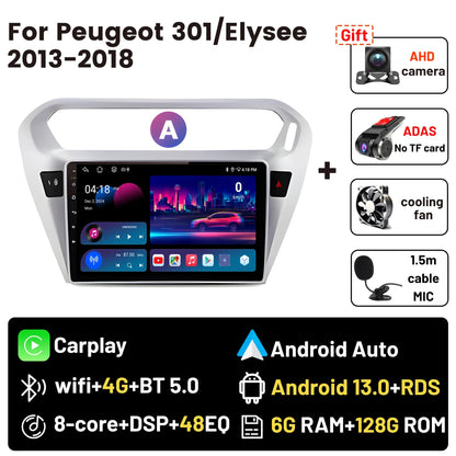 Wireless CarPlay Android Auto Car Bluetooth Radio For Peugeot 301 Citroen Elysee 2013-2018 2Din Android 14 DSP GPS FM Autoradio