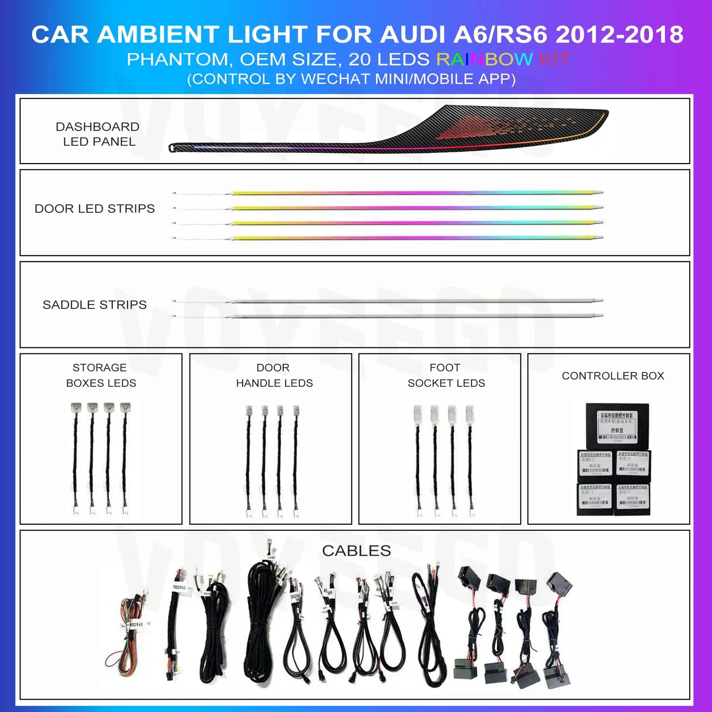 20 in 1 Ambient Lighting Car Kit For Audi A6 RS6 2012-2018 Hidden Built-in Light Strip Dashboard Door Decoration Atmosphere Lamp