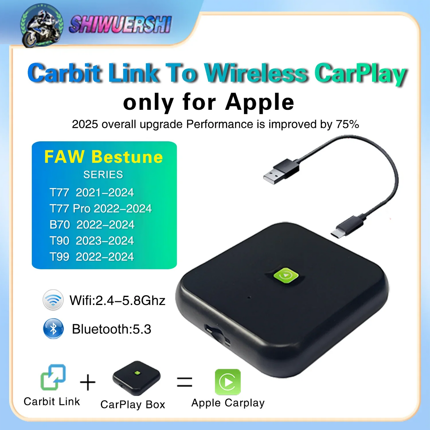 SHIWUERSHI Carbit Link wireless Car Play Smart Adapter FAW Bestune EasyConnection CarbitLink to wireless carplay for FAW 2020-20