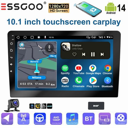 ESSGOO 10.1 Inch touchscreen 2 DIN Car stereo radio Android 14 Wireless Carplay Android auto GPS Navigation WiFi FM RDS SWC USB