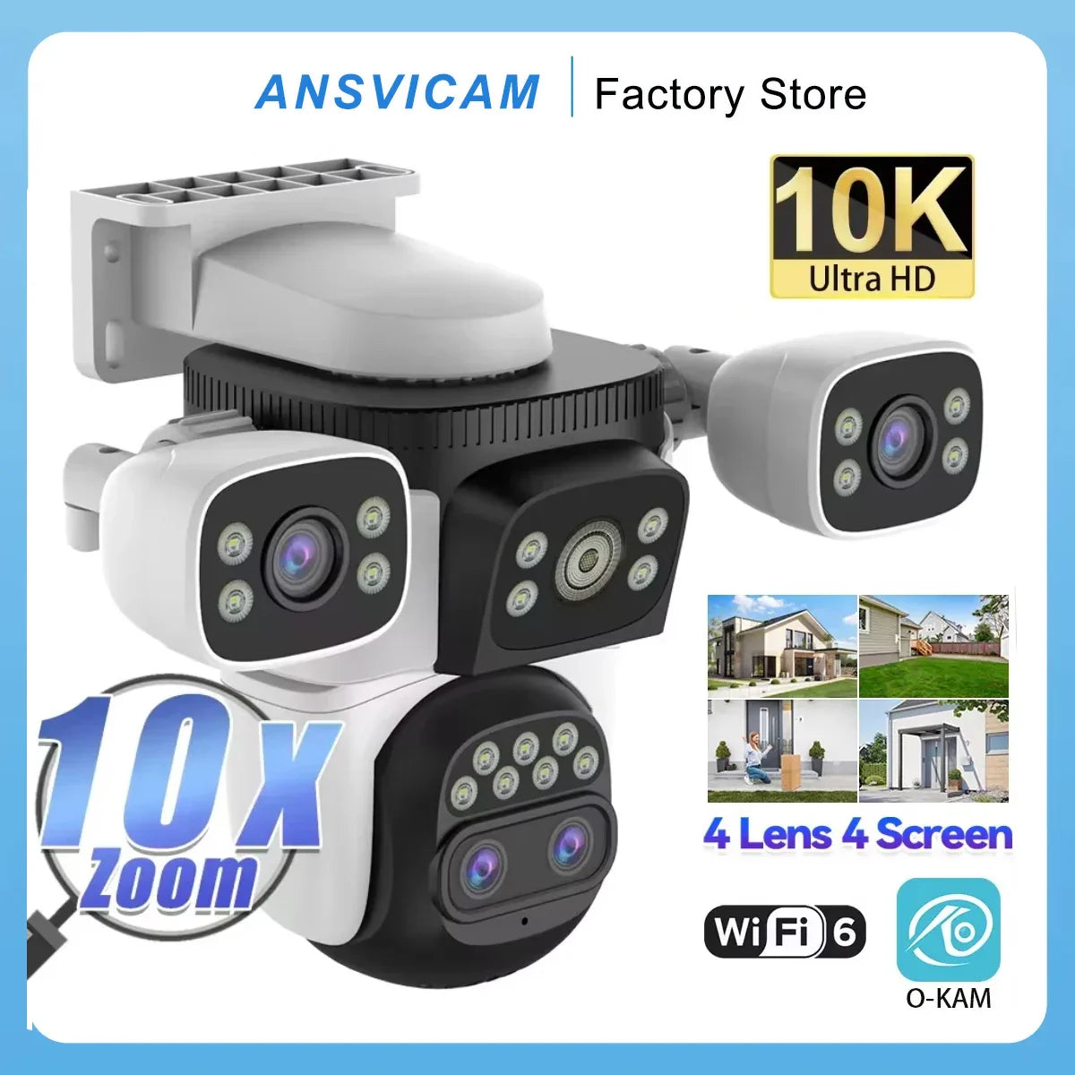 ANSVICAM 10K UHD WiFi6 20MP Outdoor Security Camera with 10X Zoom Four Screens Four Lenses PTZ Auto-Tracking Waterproof for CCTV power tools