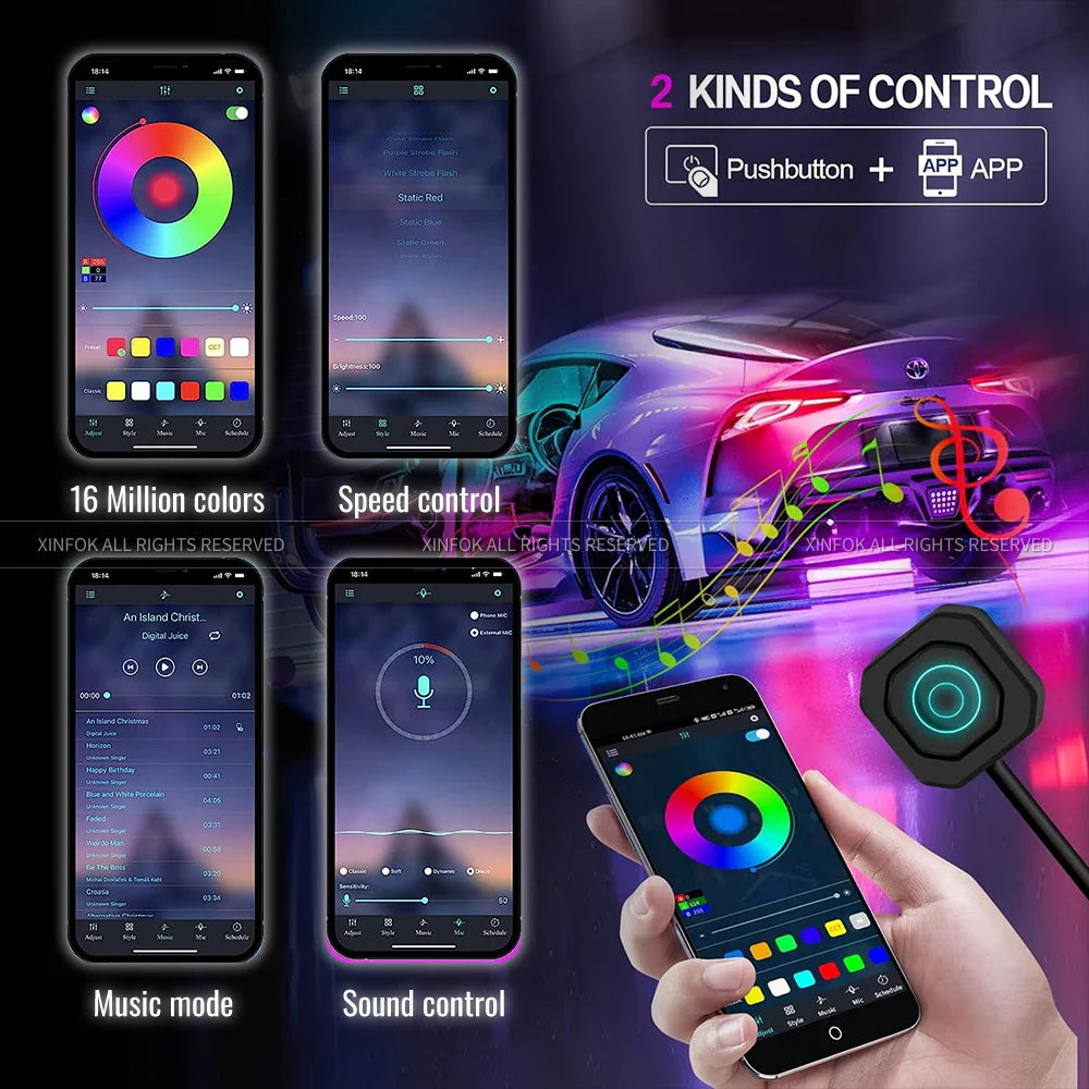 14 in 1 Dual Zone Symphony LED Car Ambient Lights RGB 64 Colors Interior Rainbow Acrylic Strip Neon Atmosphere Lighting Kit App