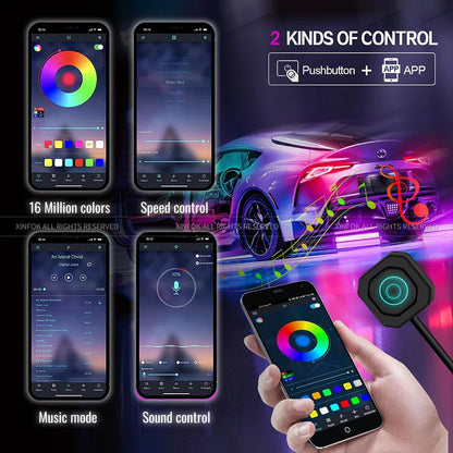 14 in 1 Dual Zone Symphony LED Car Ambient Lights RGB 64 Colors Interior Rainbow Acrylic Strip Neon Atmosphere Lighting Kit App
