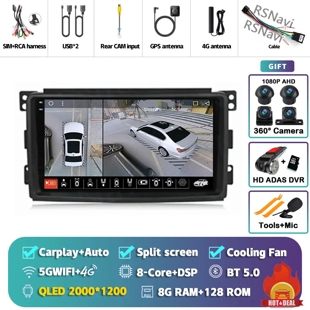 Android 14 Carplay Car Radio Multimedia For Mercedes-Benz Smart Fortwo 451 2005 - 2010 Head Unit GPS Navigation Video DVD Stereo