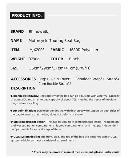 Rhinowalk Motorcycle Tail Bag Waterproof 50-70L Expandable Back Seat Bag Dry-Wet Separation Versatile Backpack 14" Laptop Pocket