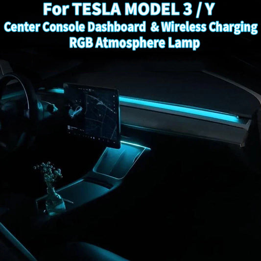 Center Console Dashboard Wireless Charging Light For Tesla Model 3 Y 64Colors RGB Neon LED Ambient Lamp USB Power APP Controller