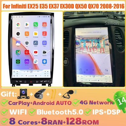 14.5" Android 14 For Infiniti EX25 E35 EX37 EX30D QX50 QX70 2008-2016 Car Radio Carplay 2.5K Screen Tesla Style Stereo 4G Player