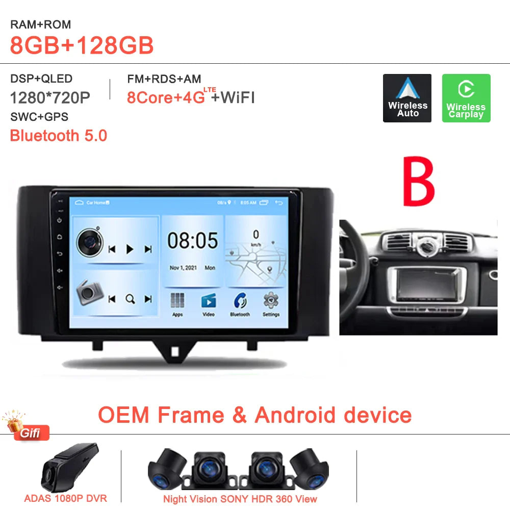 Android 14 Car For Mercedes Benz Smart Fortwo 451 2005 - 2015 Stereo Head Unit GPS Navigation Multimedia Autoradio Dash Cam DVD