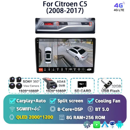 Android 14 Carplay Auto Car Radio Multimedia Player For Citroen C5 2008 2009 2010-2017 Autoradio Stereo DSP GPS 2din Head Unit