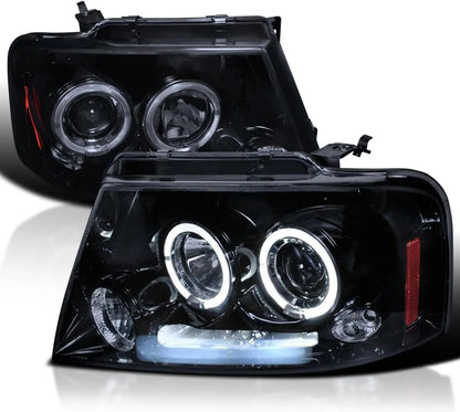 Halo Projector LED Headlights Glossy Black Housing Smoke  Compatible with Lincoln Mark LT, Left + Right Pair Headlamps Assembly