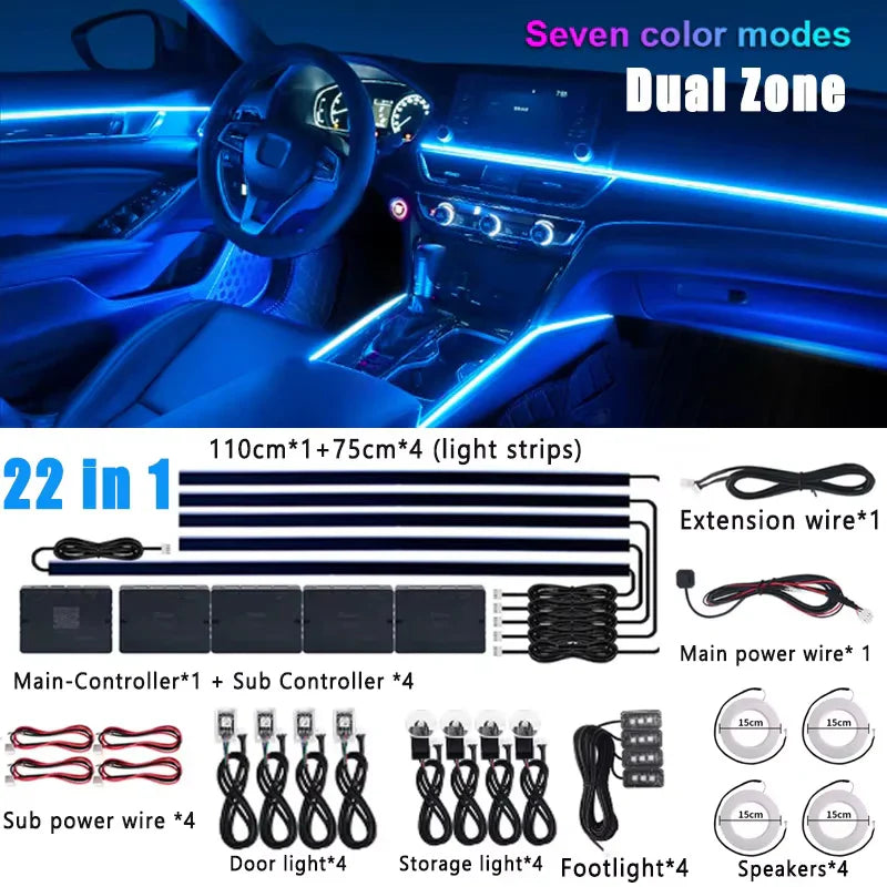 6/10/14/18/22 in 1 Led Car Hidden Ambient Light Symphony RGB 64 Color Bluetooth APP Interior Acrylic Matt Black Strip Backlight