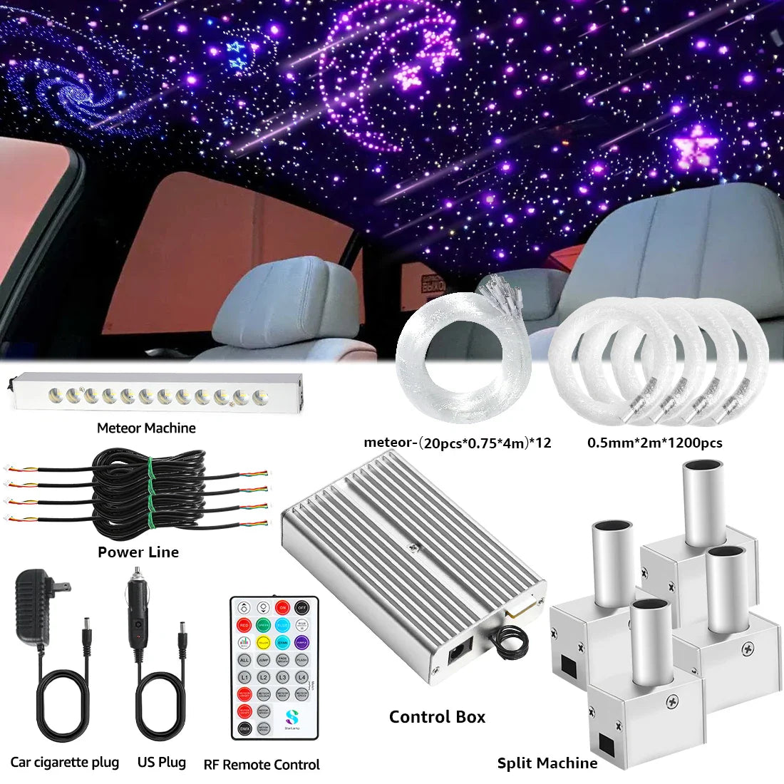 16W 4-Head Starry Sky Lamp Split Machine 840Pcs Fiber Optic RGBW Meteor Headliner Car Roof Starlight  APP/RF Remote Music Mode