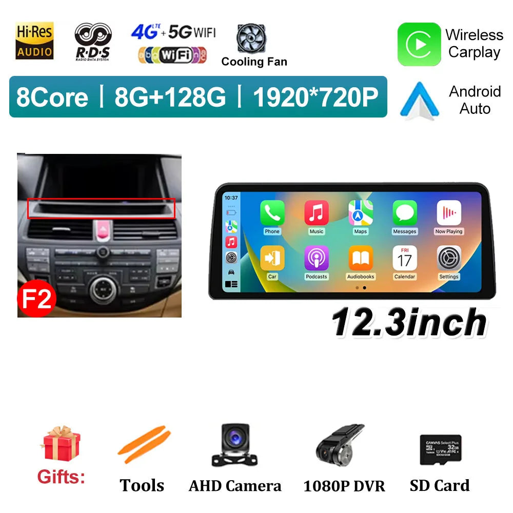 12.3 inch Android 14 for Honda Accord 8 2008 2009 - 2013 Car Multimedia Radio Player Wireless Carplay Monitor GPS Navigation BT