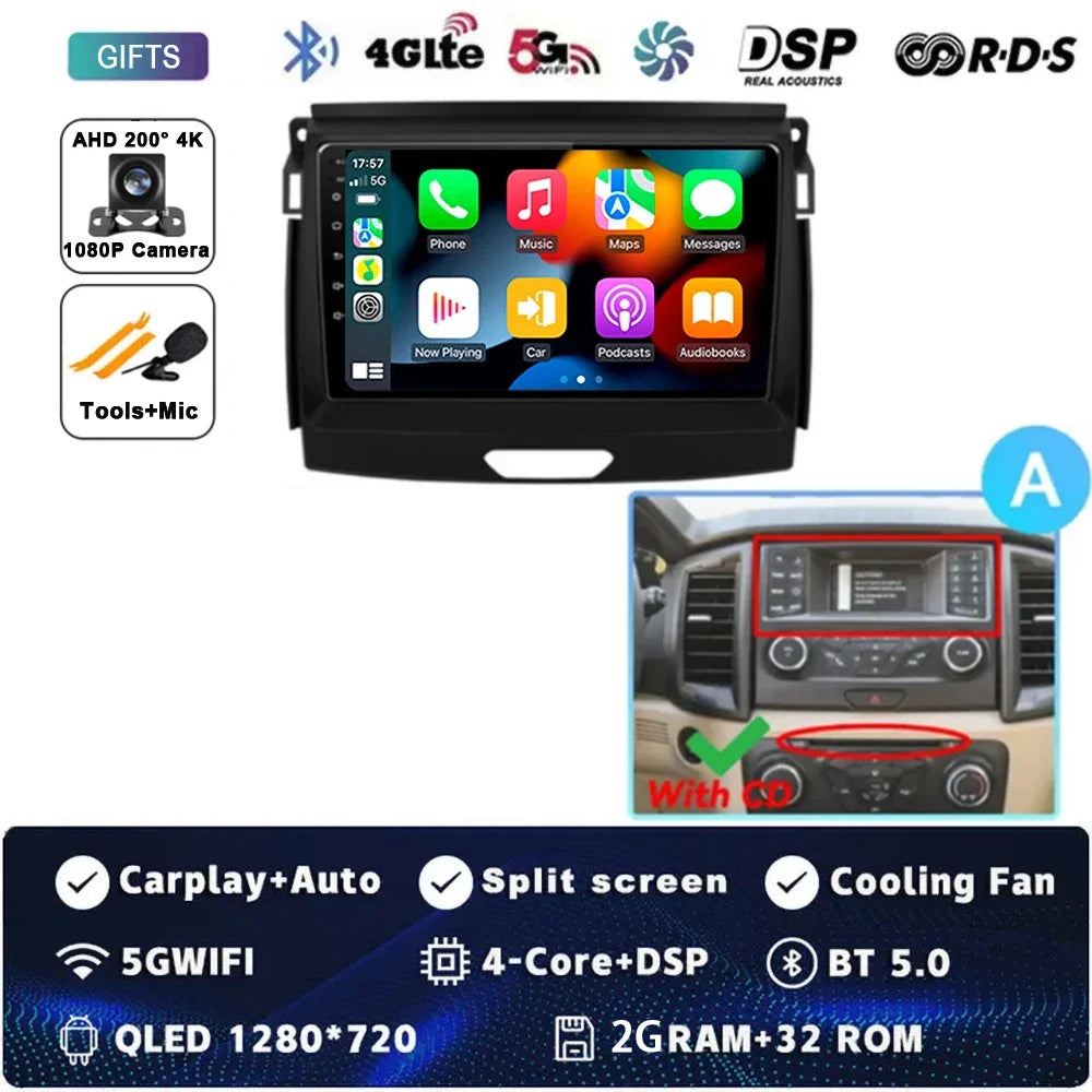 Android 15 Car Radio Stereo QLED Screen For Ford Ranger 2015 2016 2017 2018 2019-2022 GPS Multimedia Carplay Autoradio Head unit