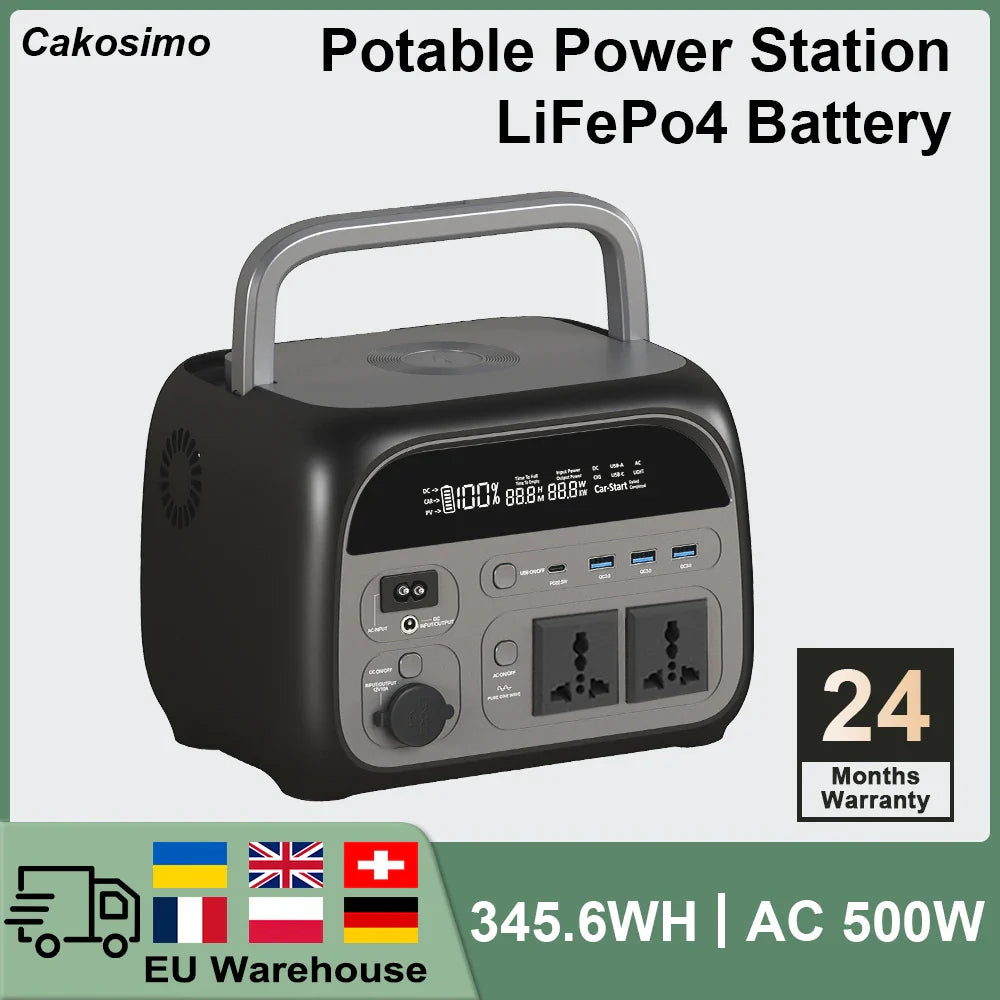 500w LiFePo4 Portable Power Station 345wh 108000mAh Camping Outdoor Solar Generator Batteries 220V 110V AC Output Power Bank RV