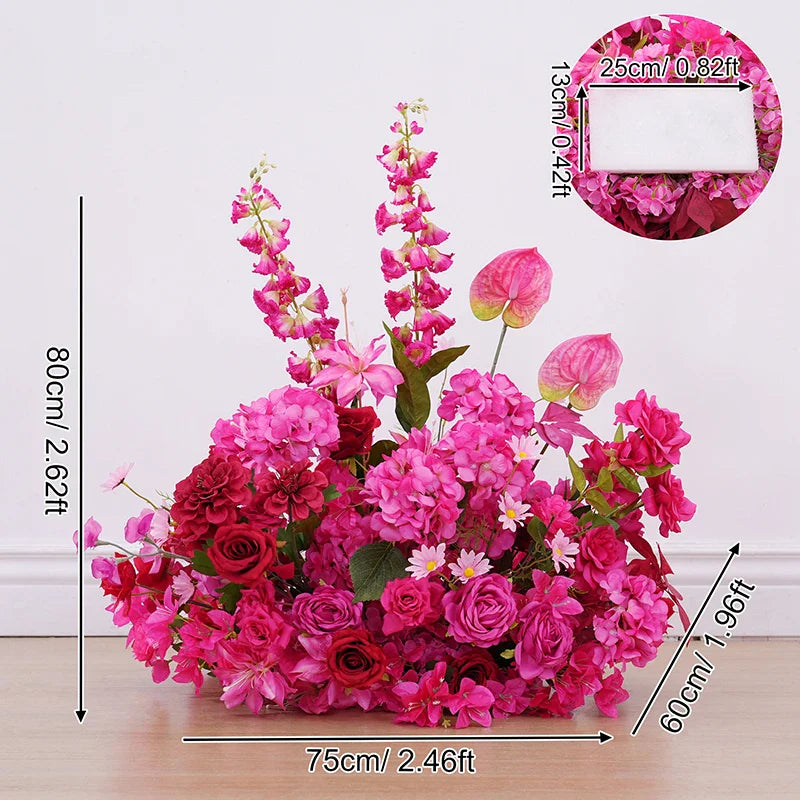 Hot Pink Rose Palm Orchid Aisle Floral Arrangement Wedding Backdrop KT Board Decor Hang Flower Row Banquet Window Display H8919