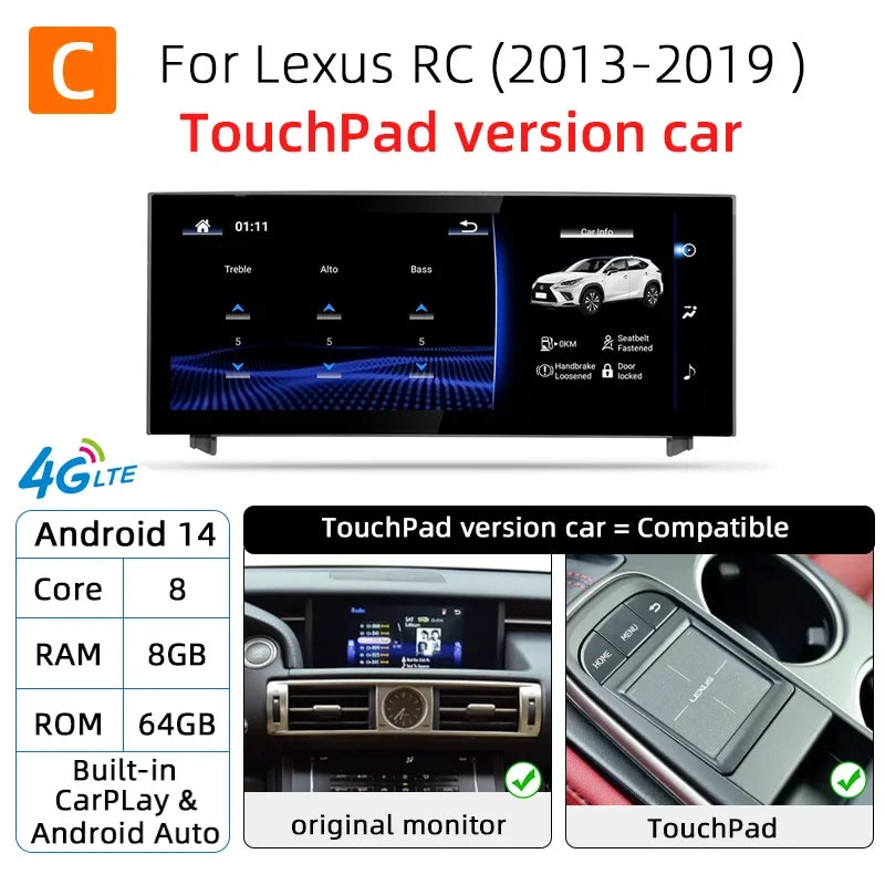 Nunoo Android 14 Wireless Carplay Auto Radio For Lexus IS RC 200 250 300 350 200t 300h Multimedia Player Navigation GPS DSP