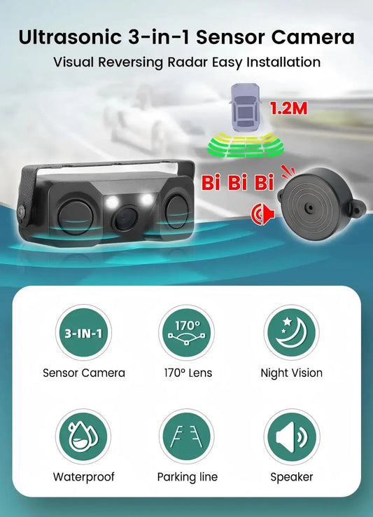 iPoster AHD 1080P PAL Car Rear View Reversing Backup Camera with Parking Radar Sensor Beeper 3-In-1 12V Night View For Car SUV