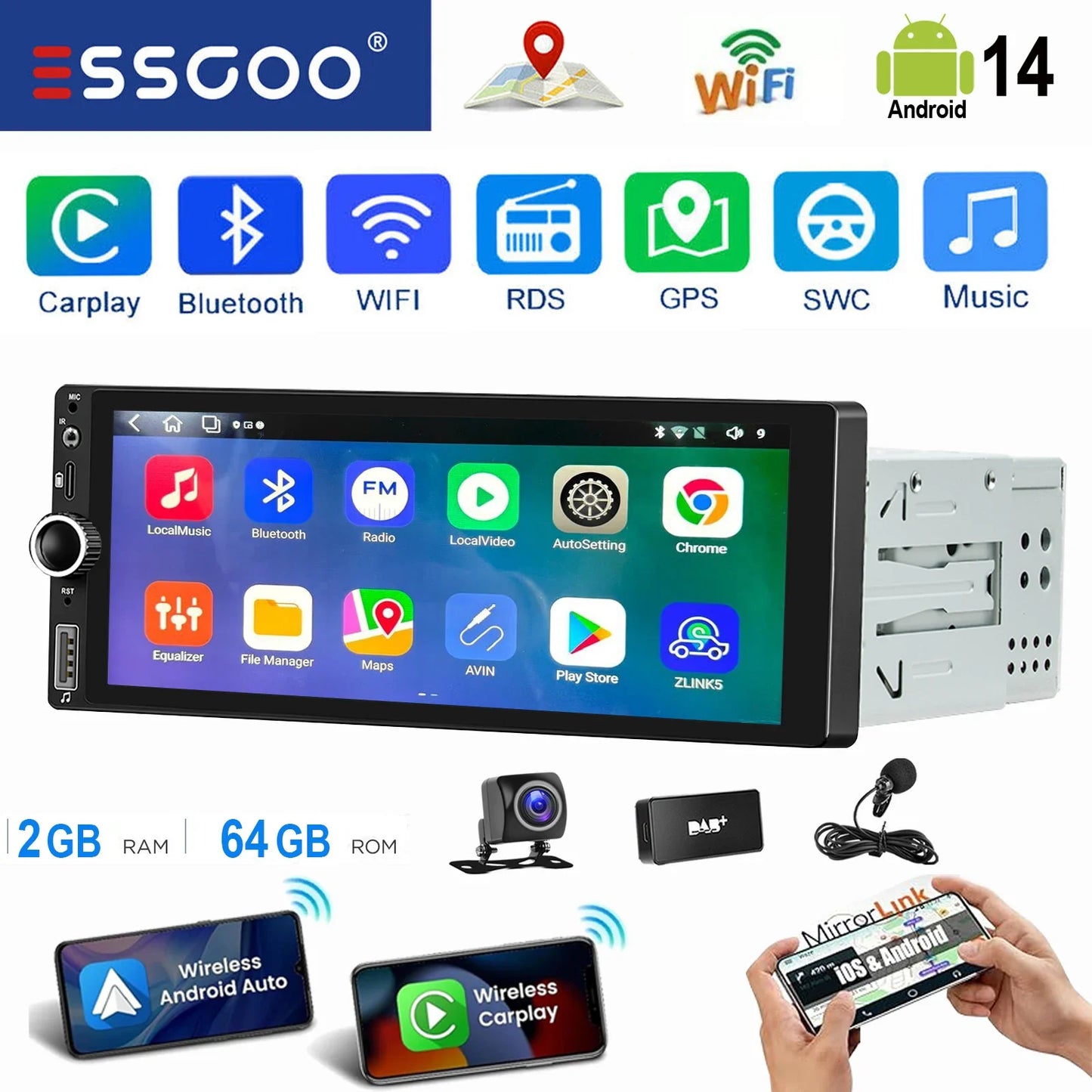 ESSGOO 6.86" Android 14 4+64G Universal Single DIN Car Stereo Radio CarPlay Android Auto BT USB SWC Wifi FM GPS Navi Mirror link