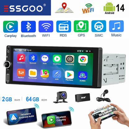 ESSGOO 6.86" Android 14 4+64G Universal Single DIN Car Stereo Radio CarPlay Android Auto BT USB SWC Wifi FM GPS Navi Mirror link
