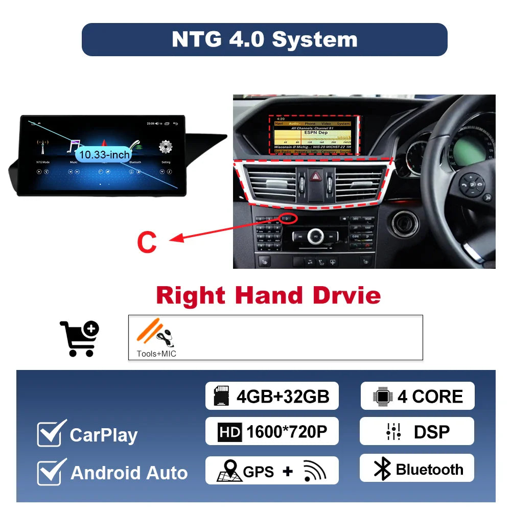 Wireless Carplay Android 14 for Mercedes Benz E Class W212 2009 - 2015 Car Radio Player Video DSP Stereo Touch Screen 4G WiFi BT