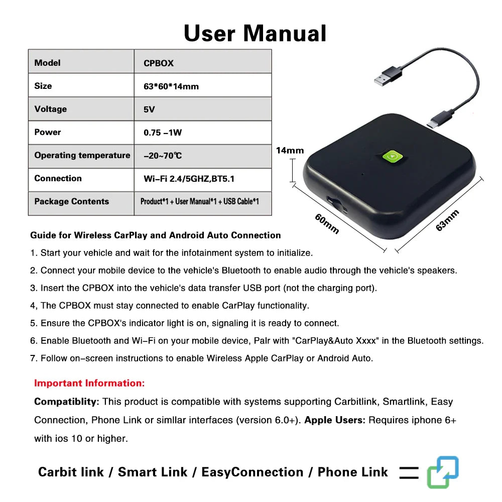 SHIWUERSHI Carbit Link wireless Car Play Smart Adapter FAW Bestune EasyConnection CarbitLink to wireless carplay for FAW 2020-20