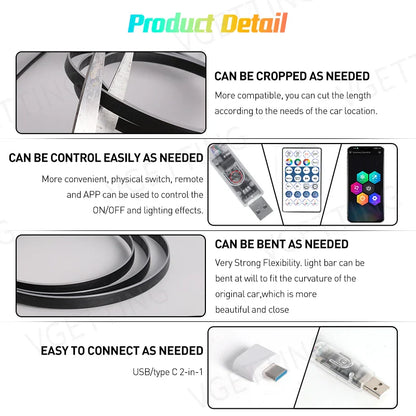 6in1 Interior LED Ambient Lights For Tesla Model 3 Y S X Full Color RGB LED 110/140CM USB APP Control Remote Acrylic Atmosphere