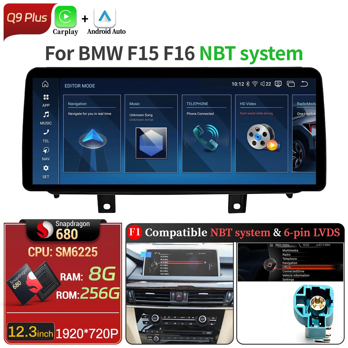 12.3 inch Android 14 For BMW X5 F15 X6 F16 2014-2018 Car Radio Wireless Bluetooth Carplay Head Unit Snapdragon 680 Touch Screen