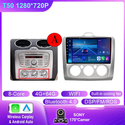Android 14 Wireless CarPlay Auto For Ford Focus 2 3 Mk2 Mk3 2004-2011 4G+WIFI Car Radio Multimedia Stereo Player GPS 360 Camera
