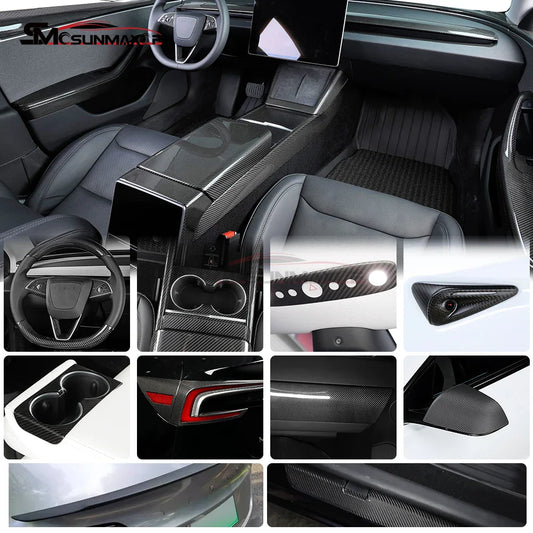 Real Forged Carbon Fiber Steering Wheel Trim Cover Car Interior Accessories For 2024 Tesla Model 3 Highland
